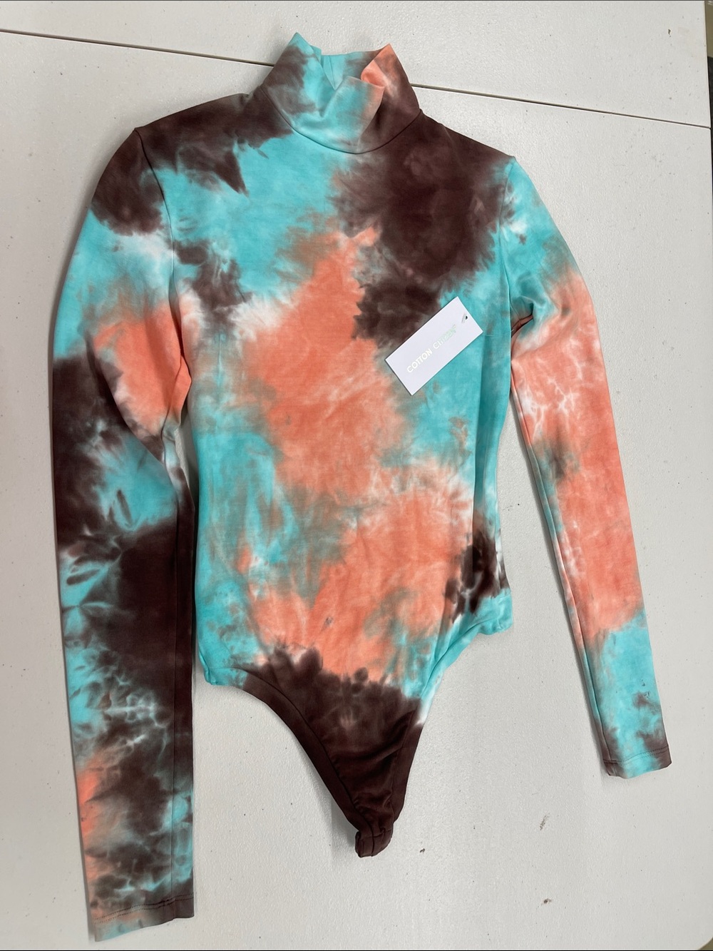Women’s Tie-Dye Long Sleeve One-Piece Bodysuit in Turquoise, Coral & Brown